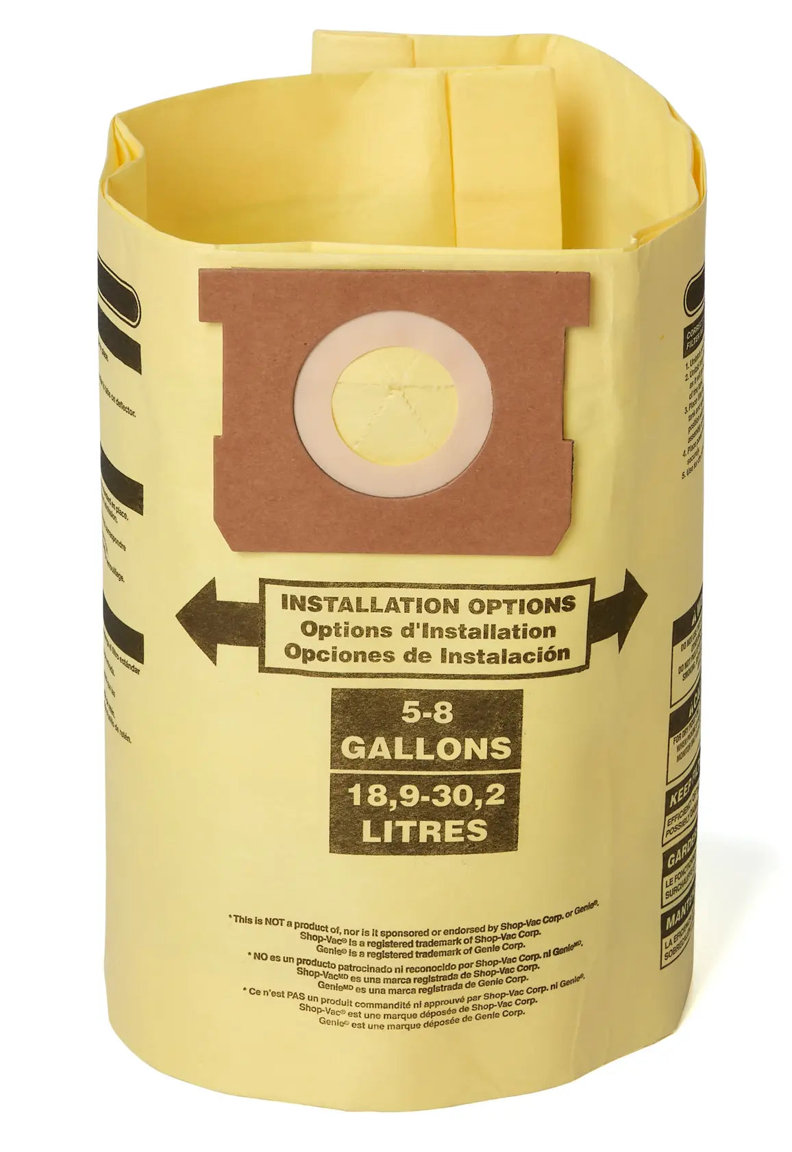 A yellow vacuum cleaner bag with a brown cardboard collar and a round opening at the top, labeled for 5-8 gallons (18.9-30.2 liters) capacity. Installation instructions and multilingual text are printed on the bag.