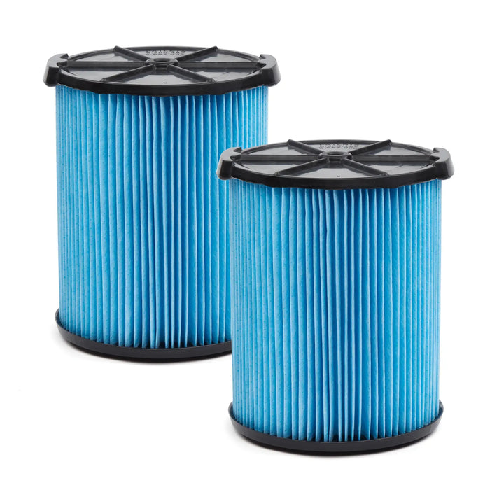 Two cylindrical blue pleated filters with black plastic end caps, placed side by side on a white background.