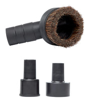 A set of three vacuum attachments. The top attachment has a circular brush with bristles and a tapered nozzle. The two attachments below are black plastic adapters with cylindrical shapes.
