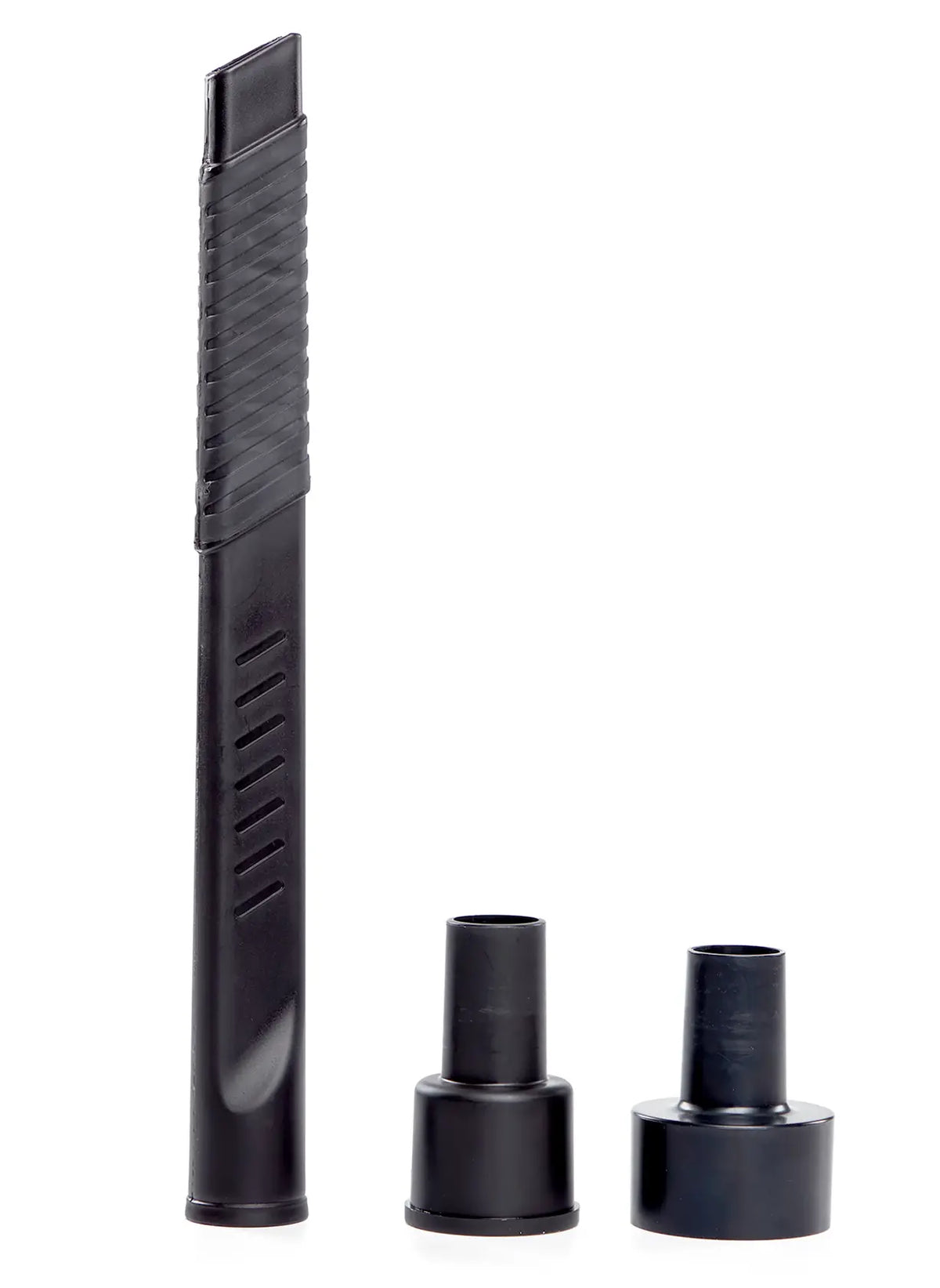 A set of three black vacuum cleaner accessories, including a long crevice tool and two different nozzle adapters, shown against a white background.