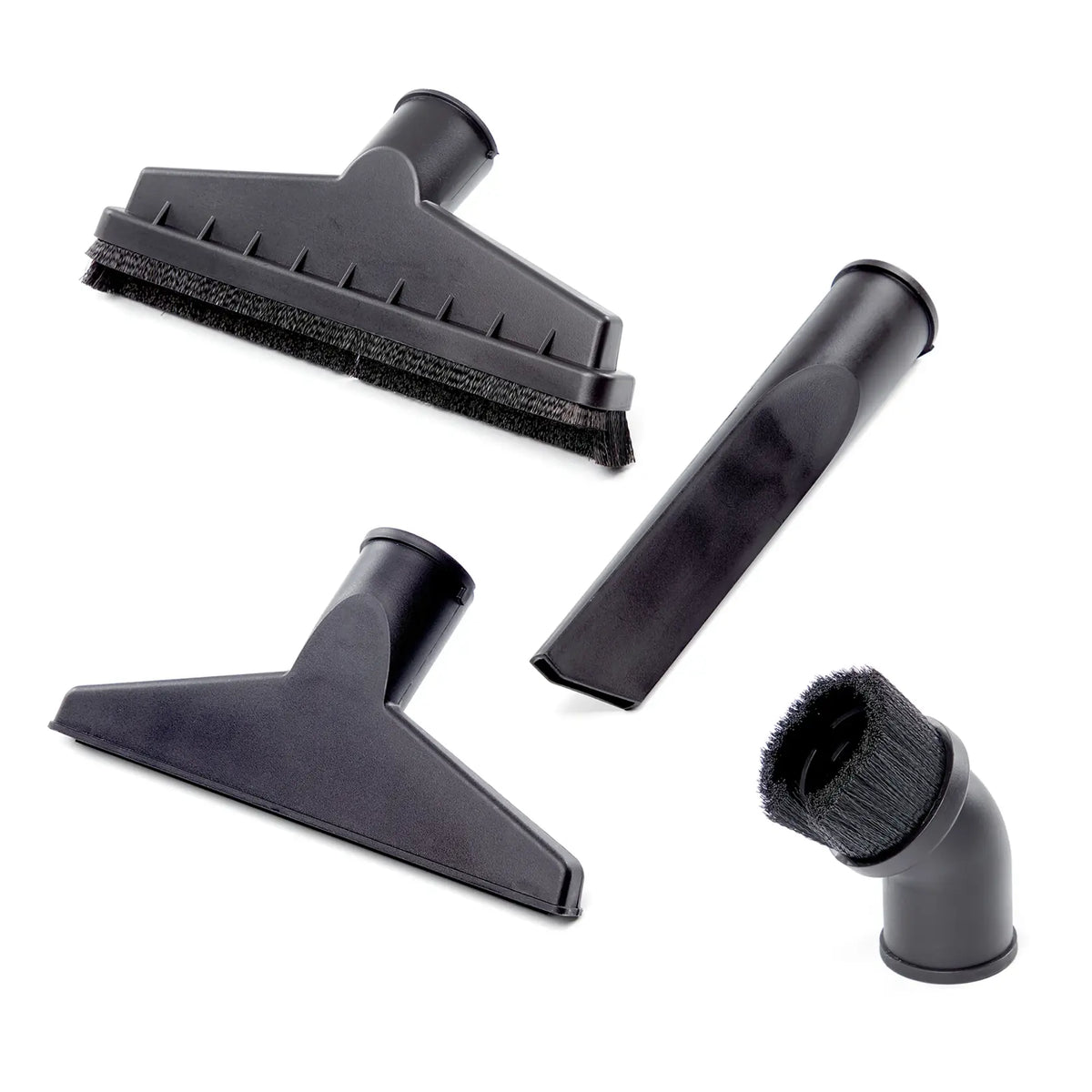 Craftsman CMXZVBE38803 vacuum accessory kit with four black nozzle attachments, white background, top view.