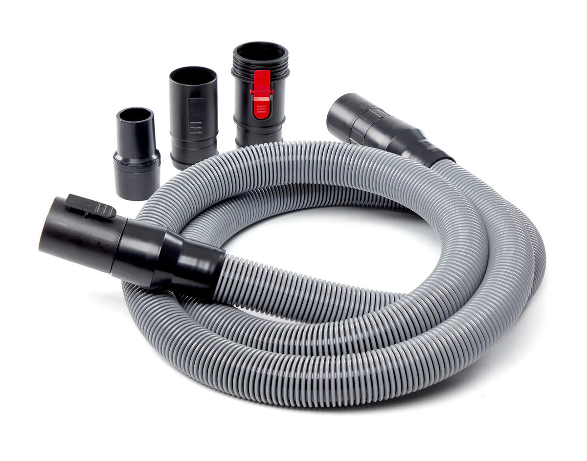 Craftsman CMXZVBE38804 vacuum hose kit with gray flexible hose and four black plastic adapters, front angle on white background.