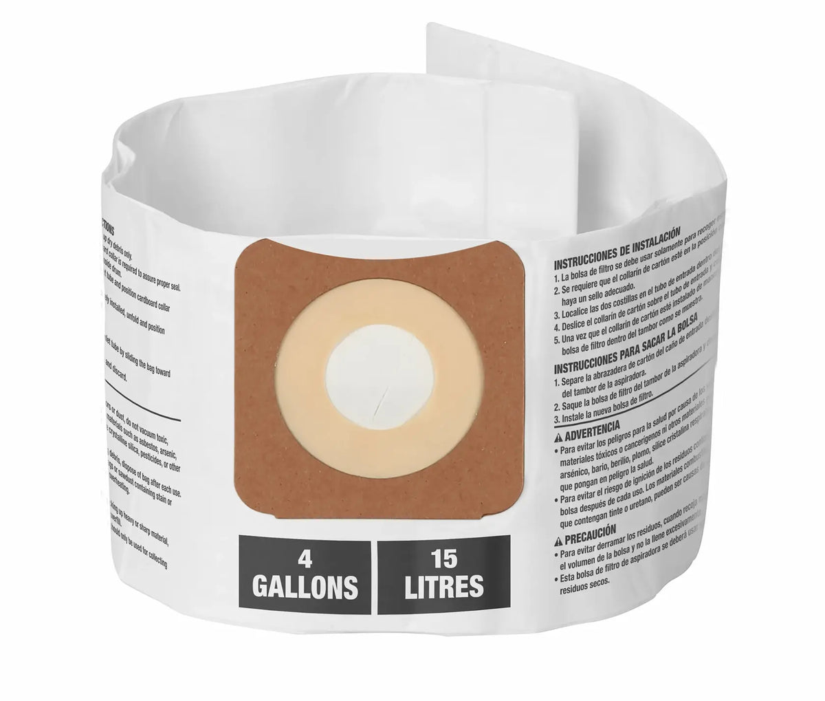 Photo of Craftsman CMXZVBE43271 vacuum filter bag for 4 gallon wet/dry vac, white with label, front angle on white background.