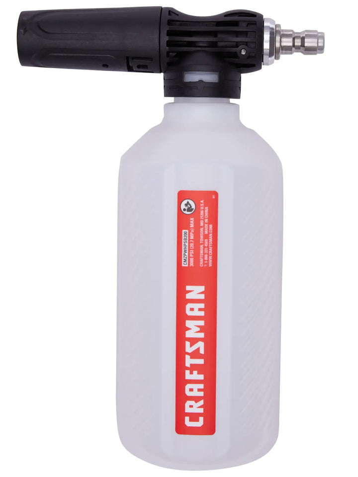 Front view photo of Craftsman foam cannon bottle with black spray nozzle, model CMZPWHPSB200, white background.