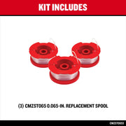 Photo of three Craftsman replacement spools, red and white plastic, for string trimmer, model CMZST0653, front view.