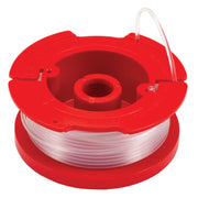 Photo of Craftsman red trimmer line replacement spool, SKU CMZST065, with clear line, front angle on white background.