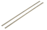 Photo of two Craftsman planer knives, silver metal blades with mounting holes, top view, CMZW320-2.