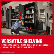 CRAFTSMAN shelving units, SKUs 0-29-808, CMST33680WG, CMST33680RB, CMST33680BG, in garage with adjustable shelves.